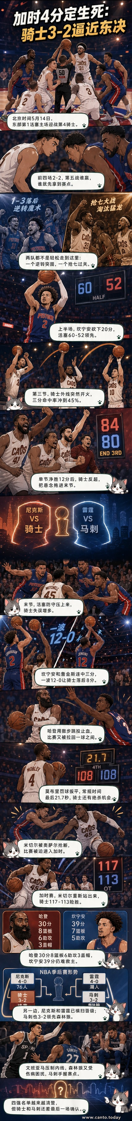 NBA季后赛对阵图显示骑士与马刺领先,比分牌上写着3-2,球员在场上激烈对抗。