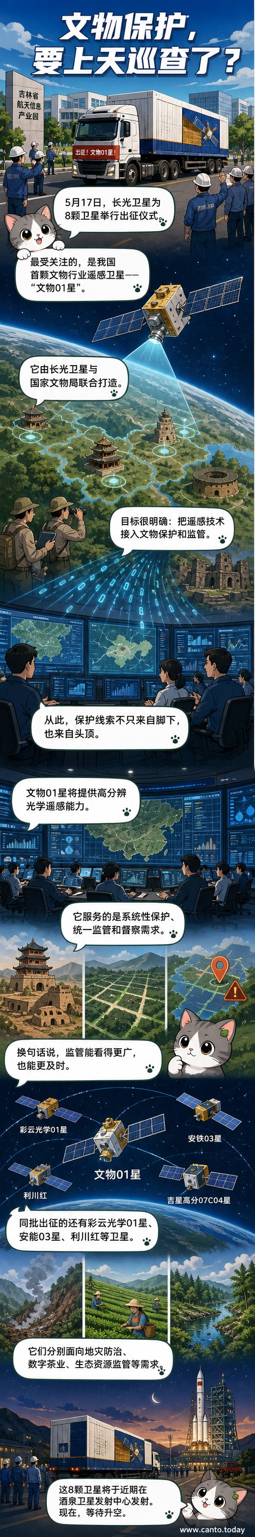 一辆运输车装载着‘文物01星’卫星，在吉林省航天信息产业园内举行出征仪式，现场有工作人员合影送行。