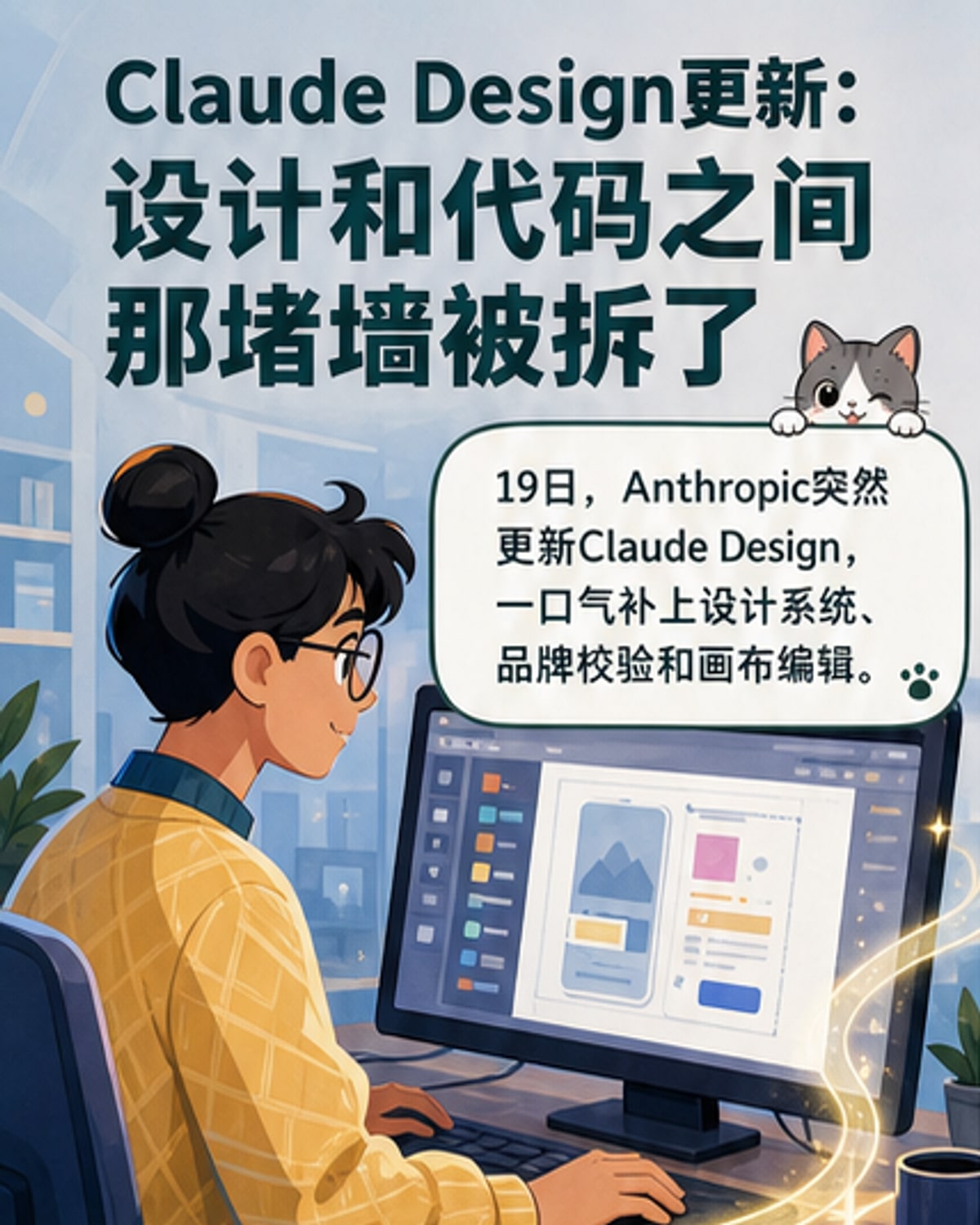 Claude Design界面示意图，展示设计师与程序员协作的未来场景