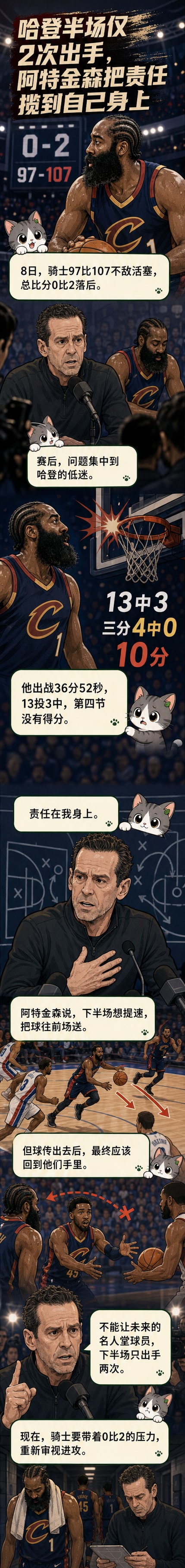 NBA赛场边,骑士队主教练阿特金森神情严肃地接受采访,背景是空荡的球场和记分牌。