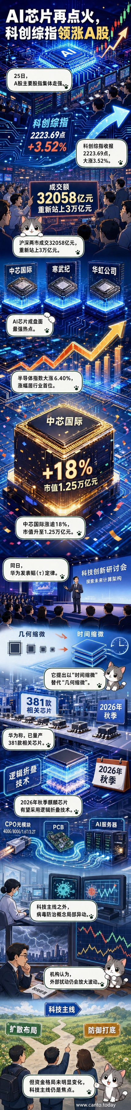 AI芯片概念股集体上涨的K线图,中芯国际、寒武纪等股票创下历史新高,背景为芯片电路纹理。