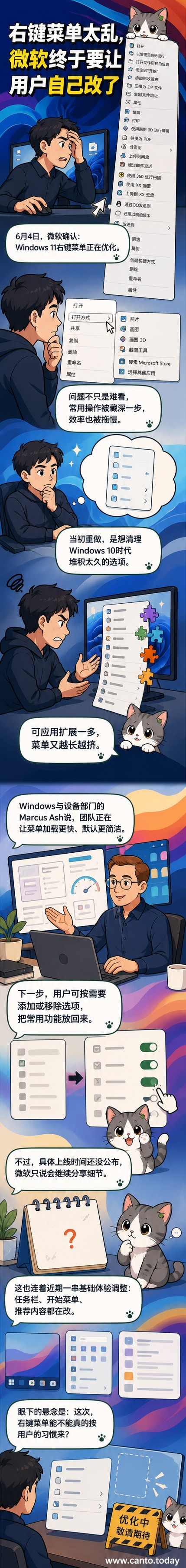 Windows 11右键菜单示意图,显示当前混乱布局与未来可能的简洁自定义版本对比