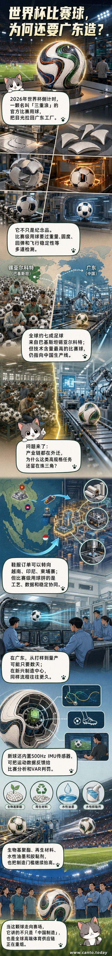 一颗印有‘MADE IN CHINA’字样的世界杯比赛用球静置于绿茵场中央，背景是现代化的广东工厂与世界杯标志。