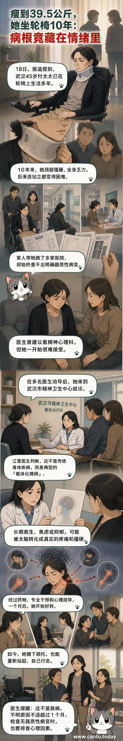 一名瘦弱女子坐在轮椅上，戴着颈托，神情疲惫，背景是医院诊室。