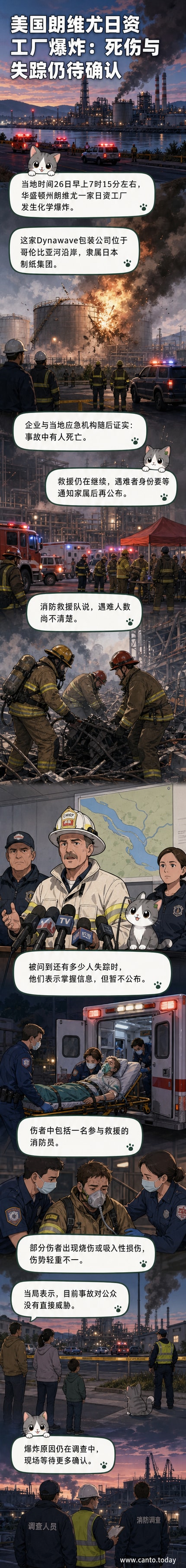 美国华盛顿州一家工厂爆炸现场,浓烟滚滚,消防车和救援人员在现场作业