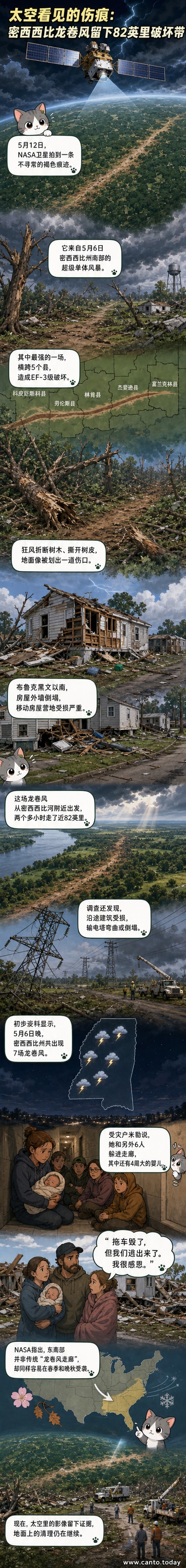 NASA卫星图像显示美国密西西比州林肯县一处森林被龙卷风摧毁后留下的长条状褐色破坏痕迹，树木呈放射状倒伏