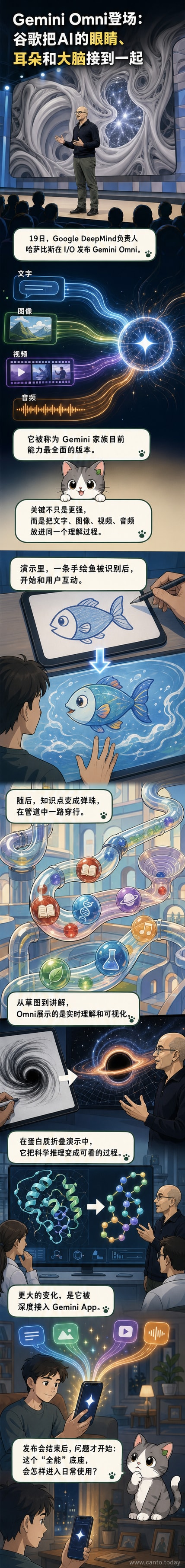一幅未来感界面中,AI模型Gemini Omni同时解析手绘鱼、黑洞图像、蛋白质结构和音频波形,象征其多模态理解能力。