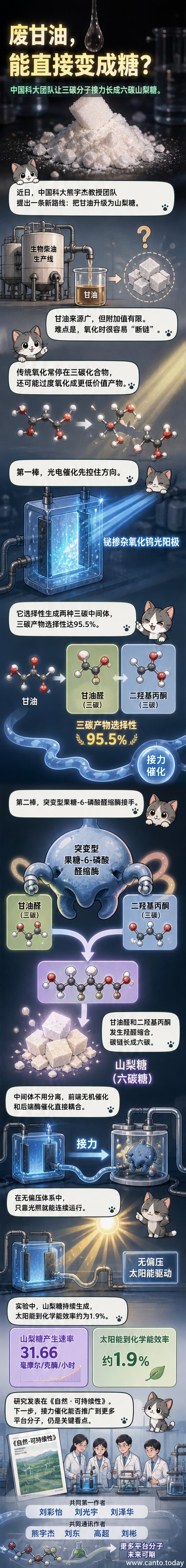 示意图展示甘油分子在光电极和酶作用下转化为山梨糖的过程，背景为实验室光照反应装置