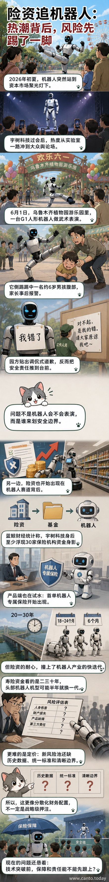 一个商场内的机器人正在便利店货架间移动，背景有顾客观望，画面右侧显示‘保险+机器人’的文字标签