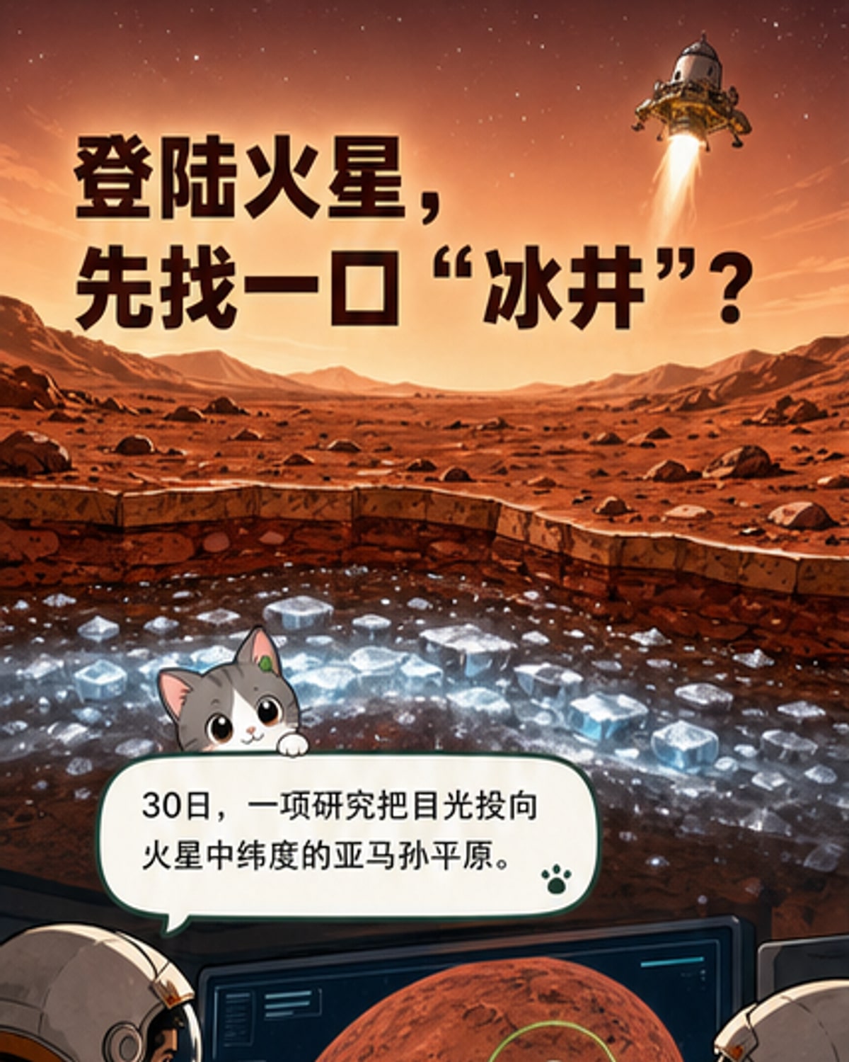 火星表面下方浅层水冰示意图，背景为红色荒漠地貌，标注出冰层位置与探测器视角