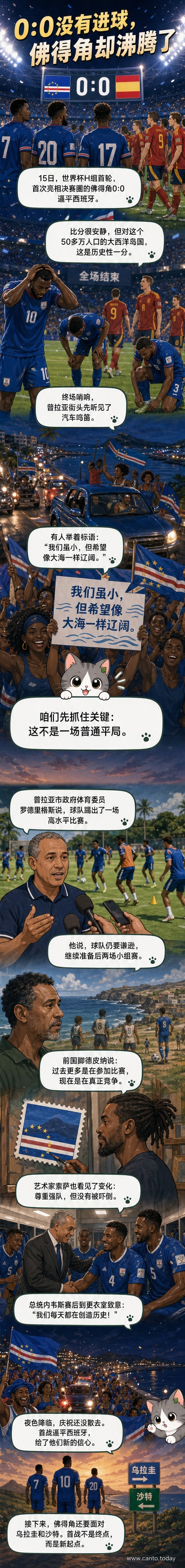 佛得角球员身穿蓝色球衣在世界杯赛场列队，背景是挥舞国旗的球迷和庆祝人群