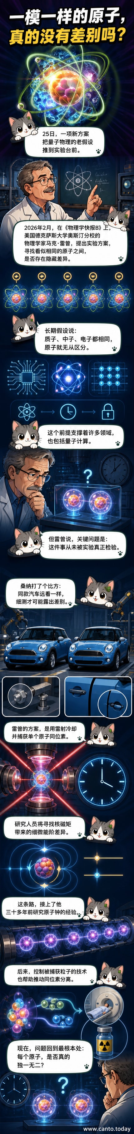 两个看似相同的原子在高倍显微镜下显示出微小结构差异,背景为精密实验仪器和量子符号