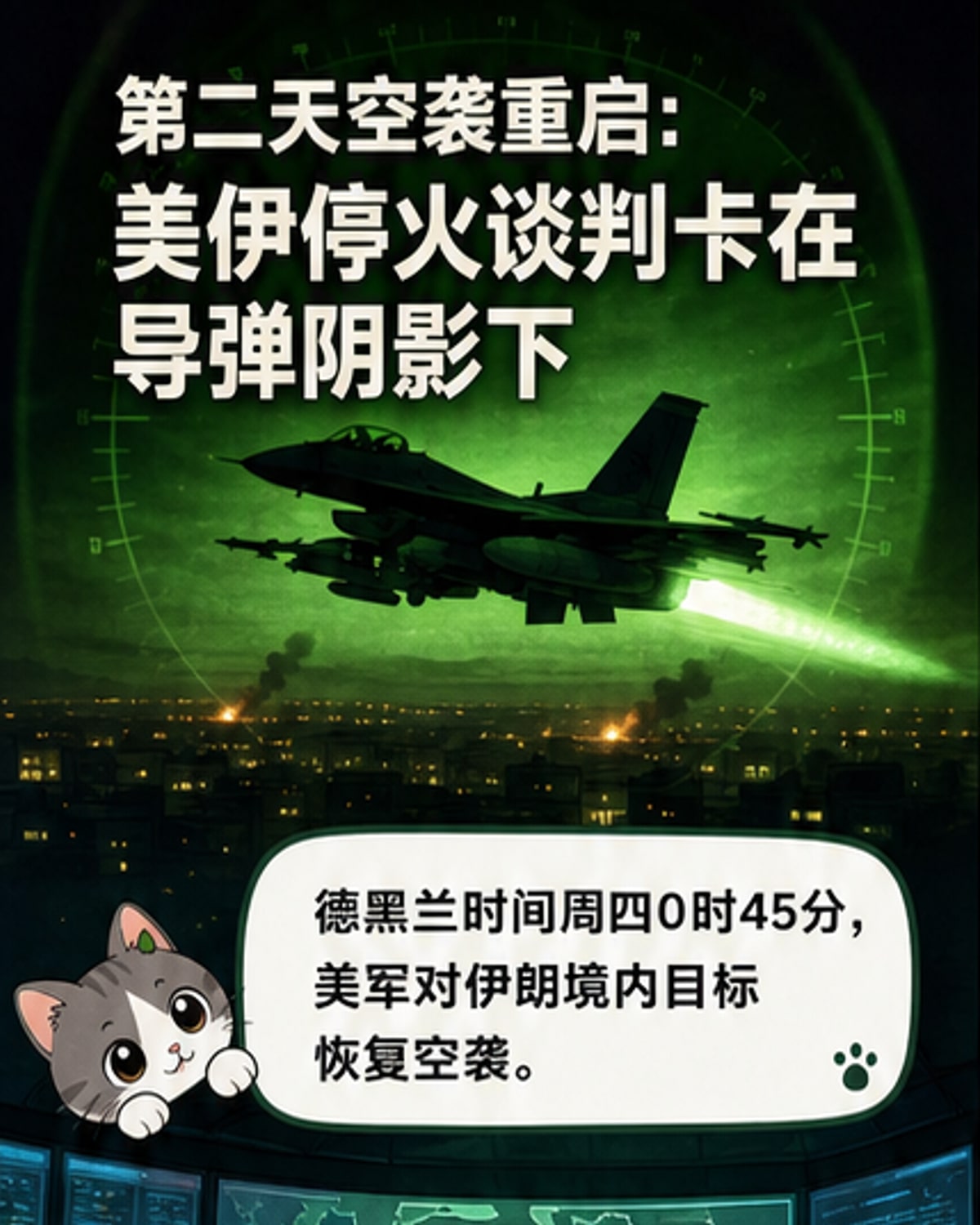 夜空中美军战机执行对伊朗目标的空袭任务，地面可见爆炸火光，象征美伊紧张关系再度升级