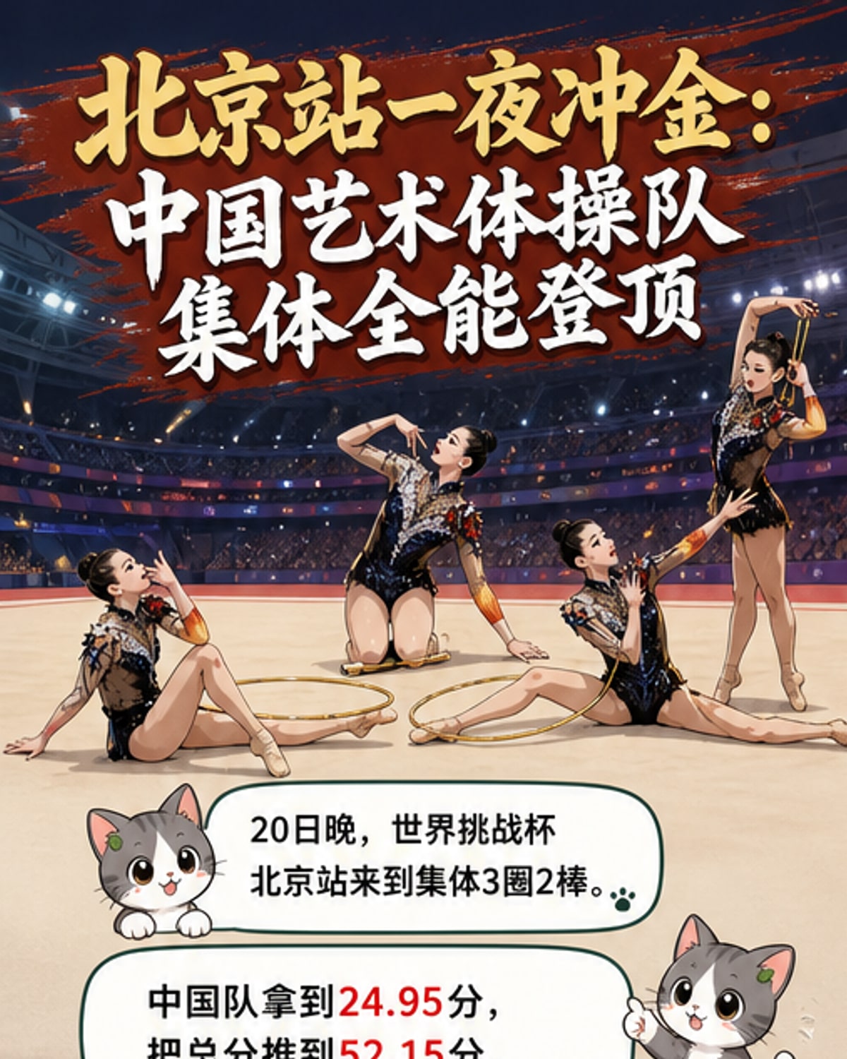 中国艺术体操队身着《权力的游戏》主题服装在国家体育馆完成3圈2棒表演,动作整齐,器械流畅。