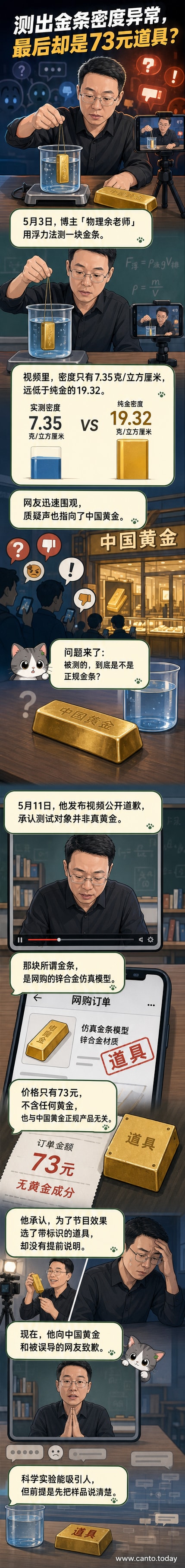一名老师手持一块金色条状物,背景为实验装置,画面下方标注‘73元合金道具’