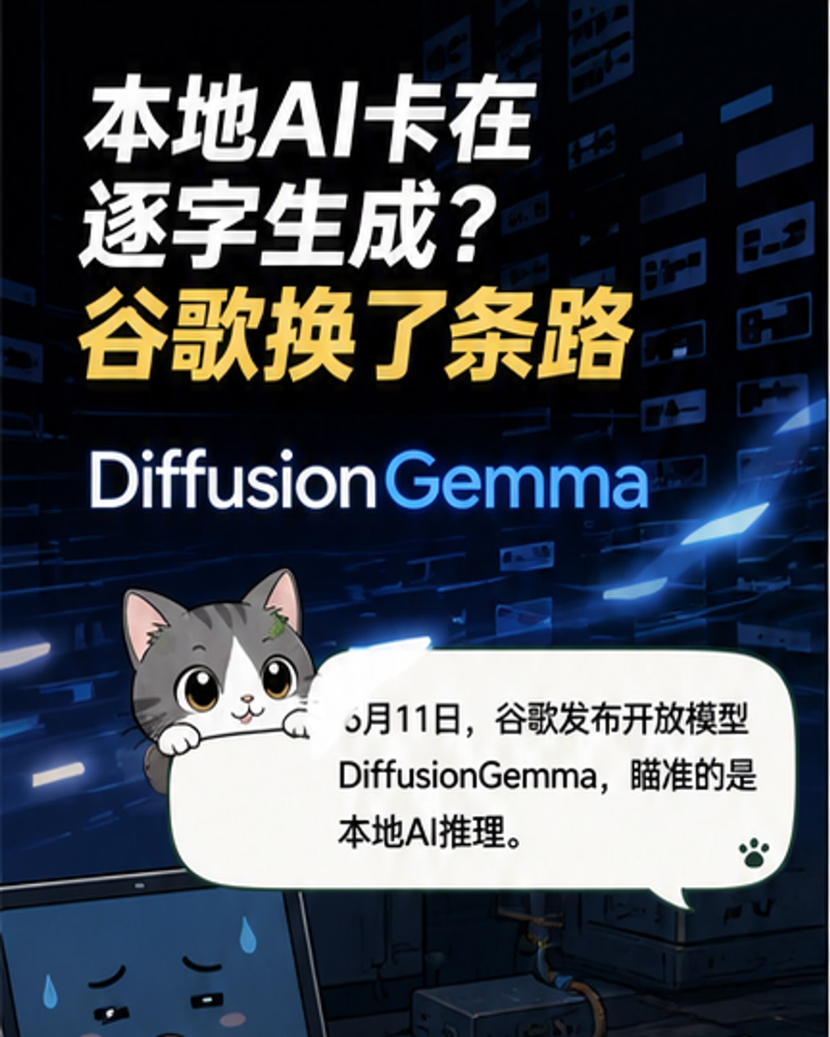 谷歌新AI模型DiffusionGemma示意图，展示从噪声中逐步生成清晰文本的过程