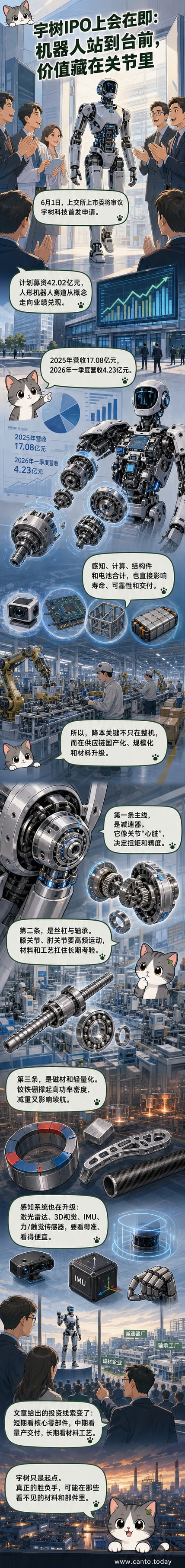 一个人形机器人站在工厂背景下,关节处突出显示减速器、丝杠、磁材等核心部件结构图