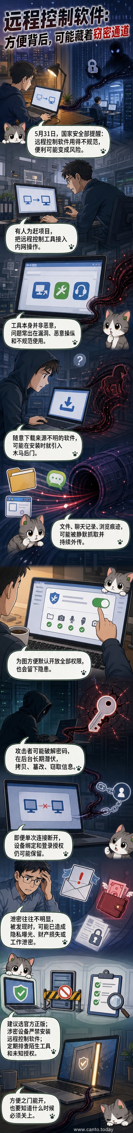 一台电脑屏幕显示远程连接警告标志,背景有锁形图标和数据流动线条,象征网络安全风险