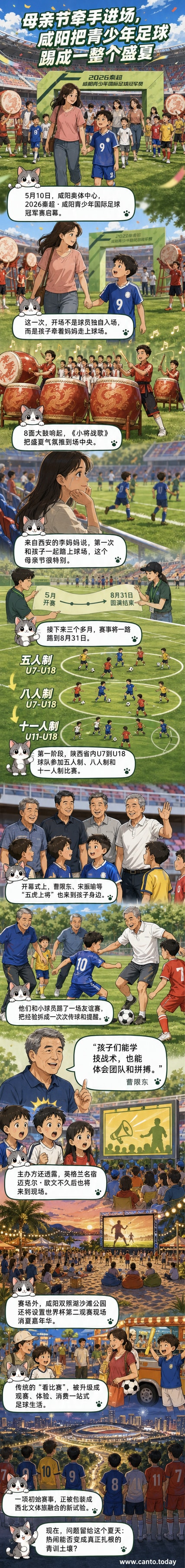 咸阳奥体中心绿茵场上,小球员牵着母亲的手步入球场,背景是擂鼓助阵的观众和‘五虎上将’老将们。