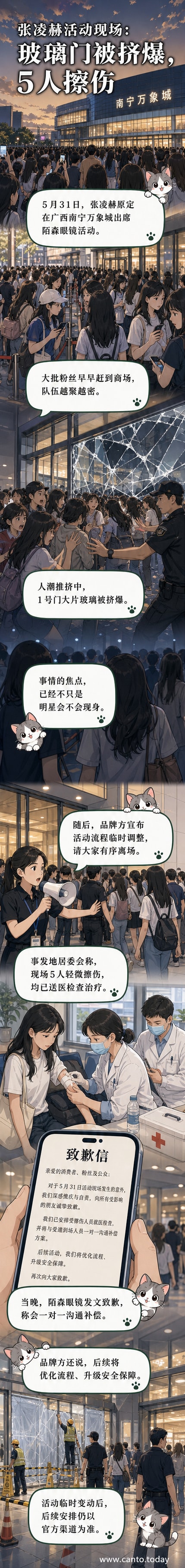 商场入口处玻璃门破裂,人群围观,安保人员在现场维持秩序,背景可见品牌活动海报