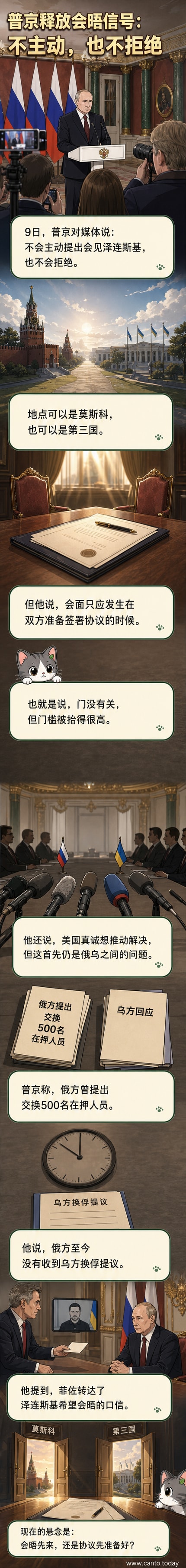 普京在记者会上谈及与泽连斯基会面可能性,背景为红场阅兵现场画面