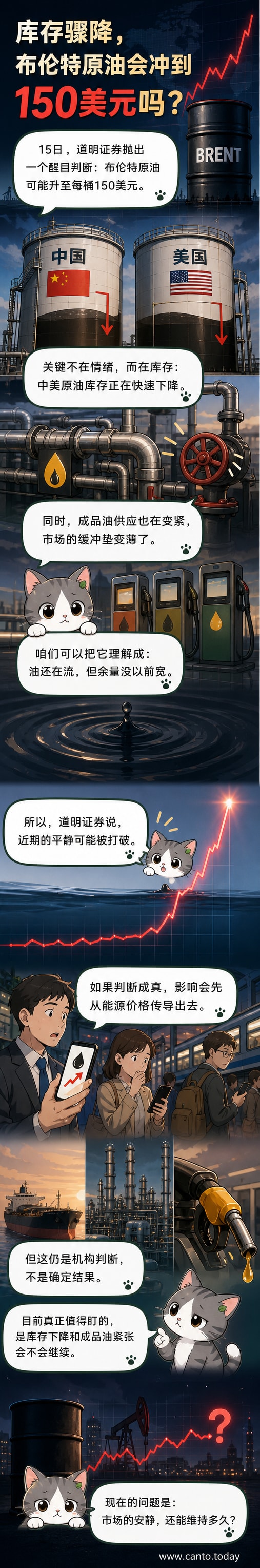 布伦特原油价格图表显示上升趋势，背景为油井和炼油厂