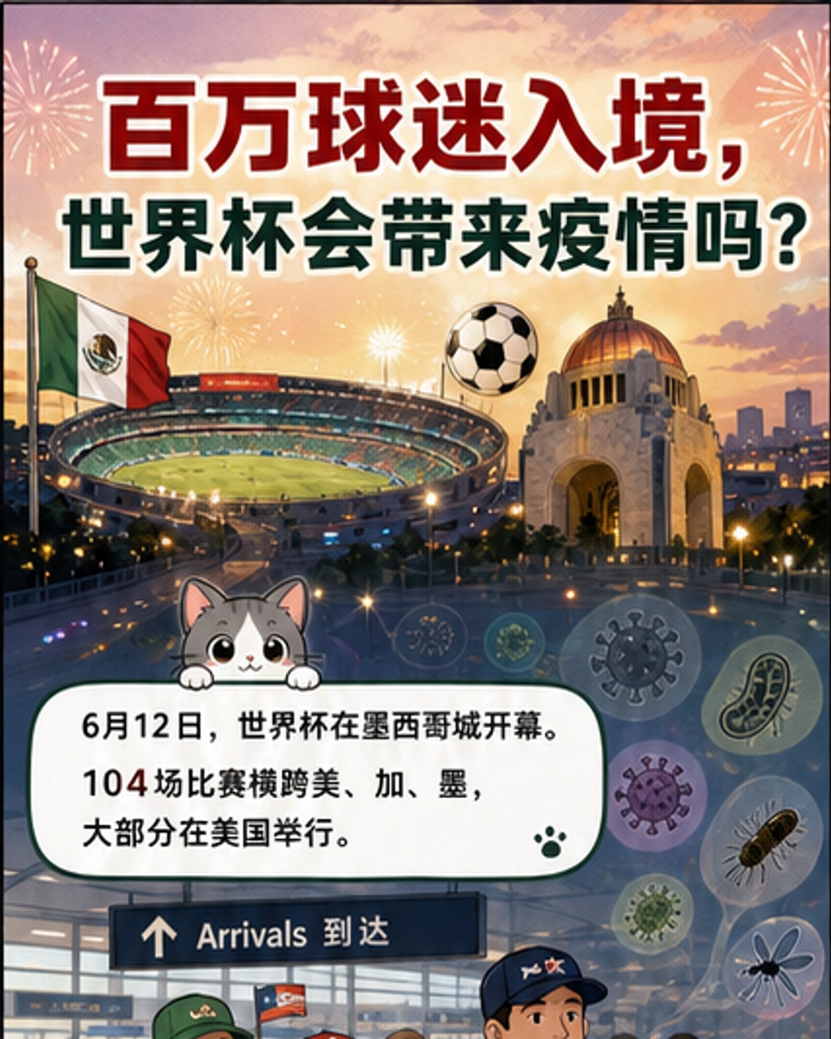 世界杯球场上空飘扬着各国旗帜,背景中科学家手持病原体模型进行分析,象征大型赛事与公共卫生的交汇
