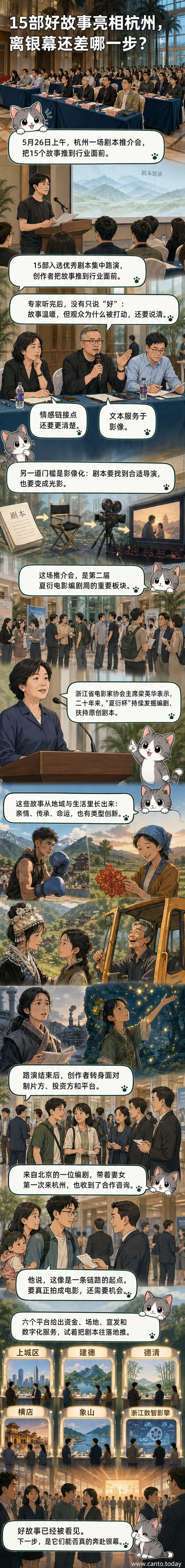 杭州举办的“夏衍杯”电影剧本推介会现场,多位编剧与影视产业代表围坐交流,背景屏幕上展示着入选剧本的标题与画面意象。