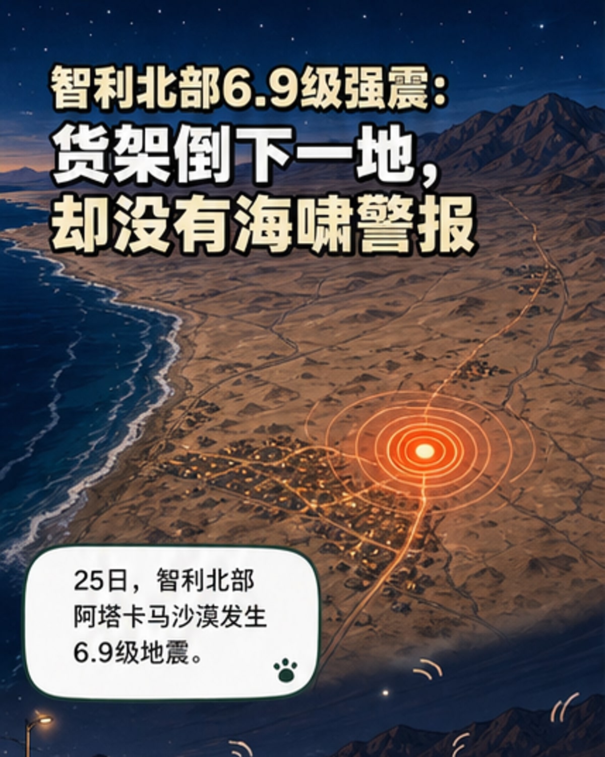 智利北部发生6.9级地震，超市货架倒塌，地面散落商品，显示地震强度。