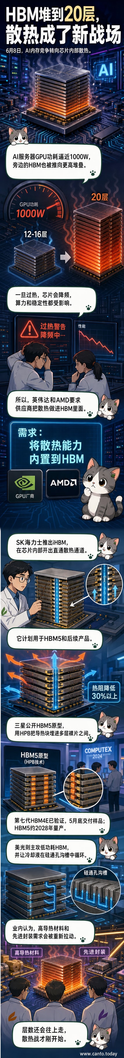 HBM5芯片内部散热技术示意图，展示多层堆叠与内嵌冷却通道结构