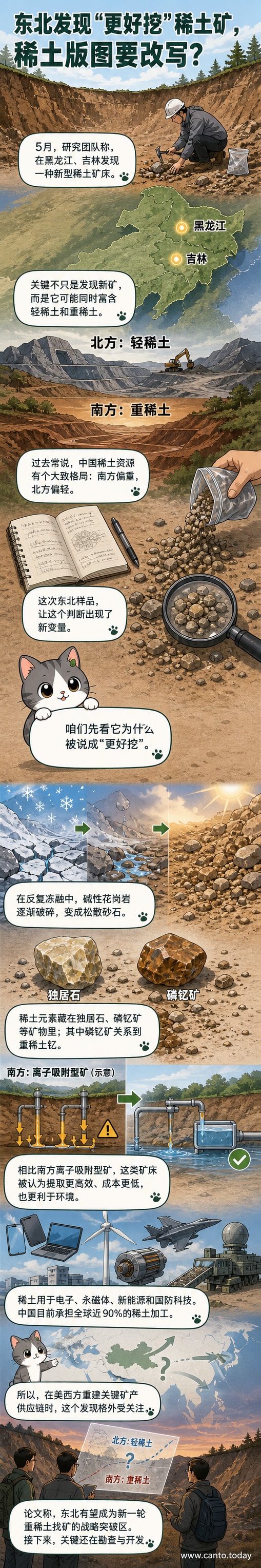 科研人员在东北地区花岗岩风化壳剖面进行采样,背景为冻融地貌与矿石样本。