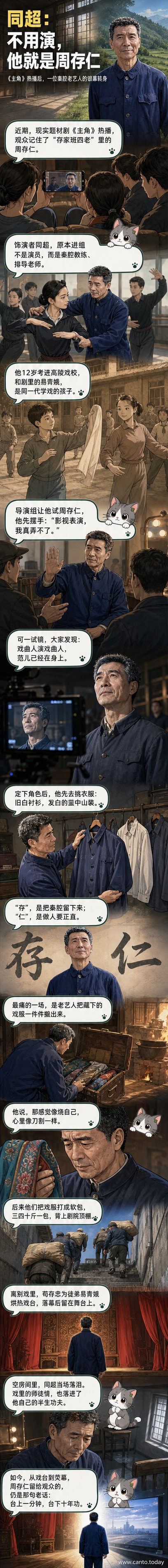 一位老秦腔演员站在昏黄灯光下的剧院后台,手中捧着褪色的戏服,神情凝重。
