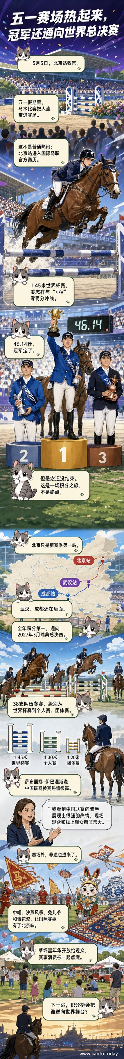 马术骑手姜志祥策骑马匹‘小V’在障碍赛中飞跃高栏，背景可见融合青花瓷元素的赛事装饰