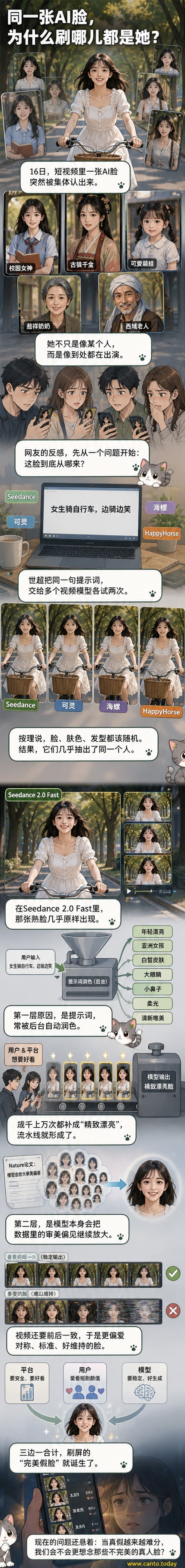 一幅讽刺风格插画：手机屏幕中浮现出无数张相同面容的AI女性，从不同短视频中凝视观众，背景是数据流和代码网格。