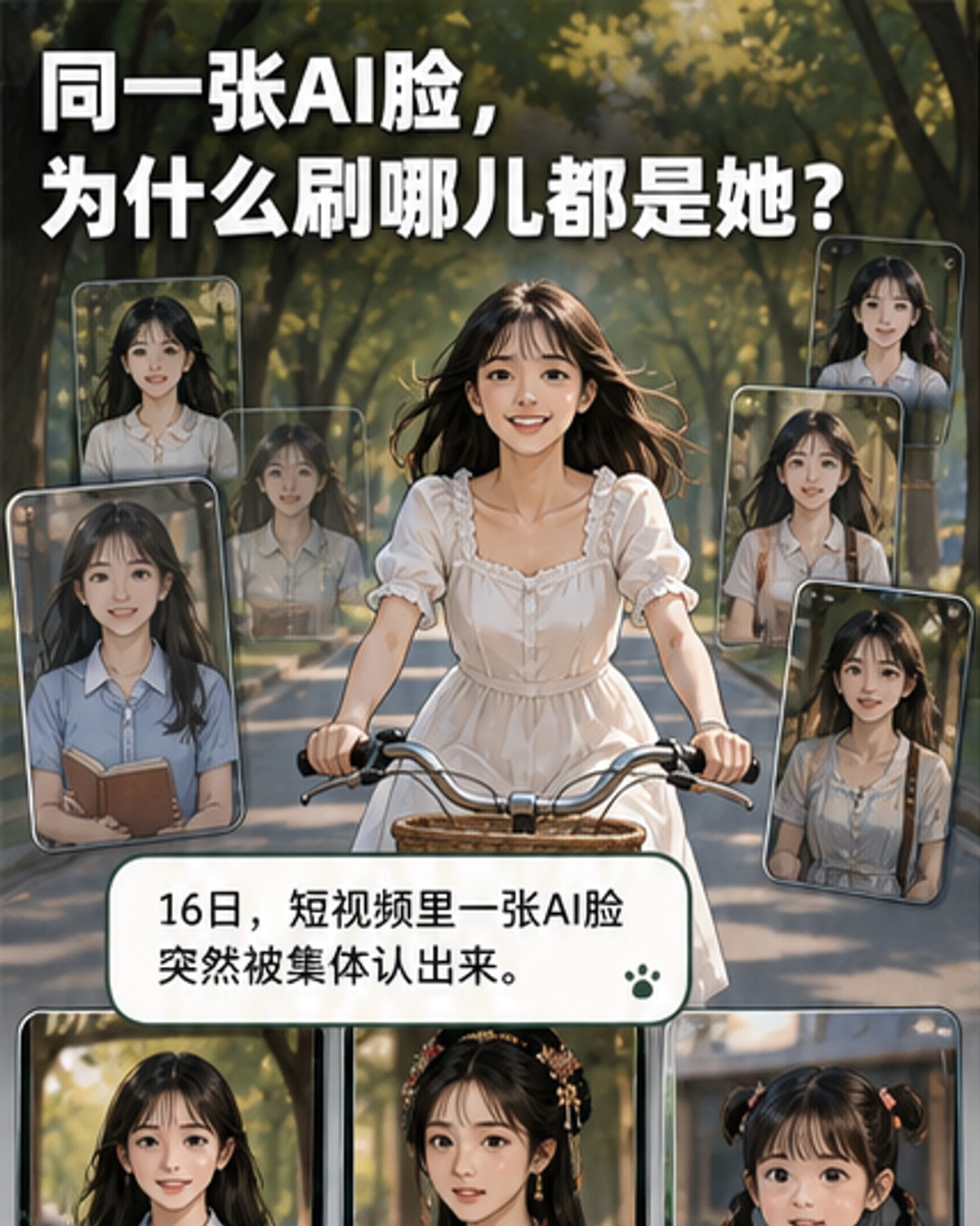 一幅讽刺风格插画：手机屏幕中浮现出无数张相同面容的AI女性，从不同短视频中凝视观众，背景是数据流和代码网格。