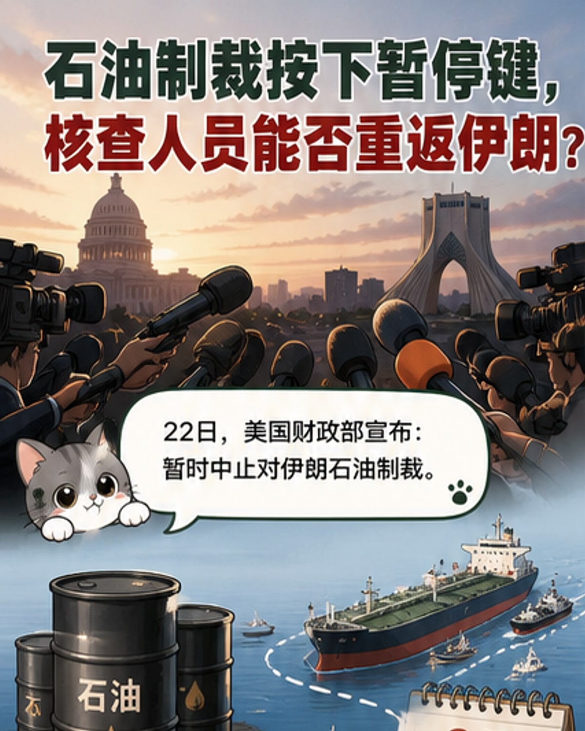 一幅象征性画面:一只美国国旗色的手与一只伊朗国旗色的手在霍尔木兹海峡地图上方握手,背景是油轮航行与核设施轮廓,暗示制裁解除与核查重启的临时协议。