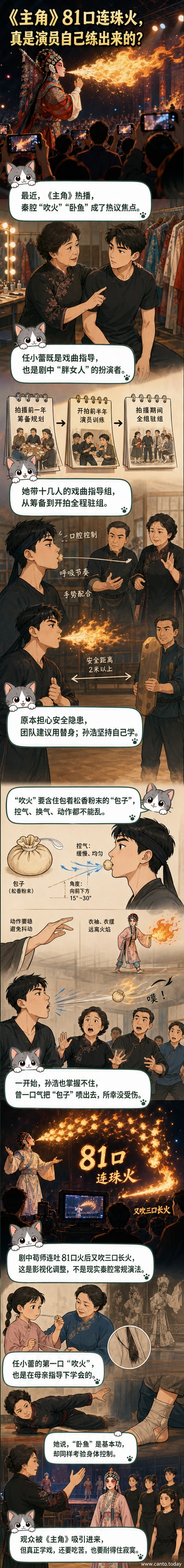 《主角》剧照：孙浩饰演的苟师在舞台上喷出火焰，背景是昏暗的舞台灯光和围观的演员。