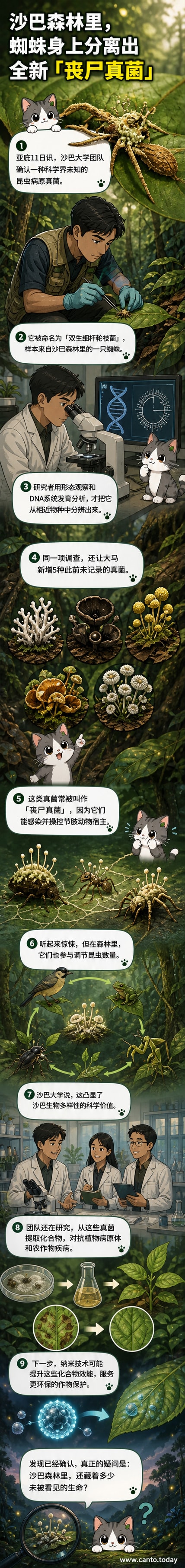 一幅科学风格插图：显微镜下的真菌结构与热带雨林背景融合，一只蜘蛛在叶片上，菌丝从其体内延伸而出，标注‘双生细杆轮枝菌’新物种名称。