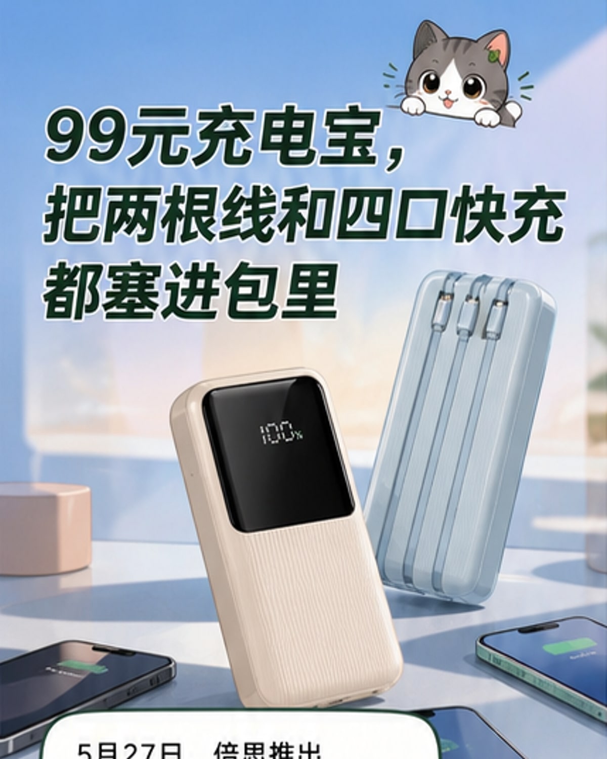 倍思新款充电宝自带双线 四设备同充