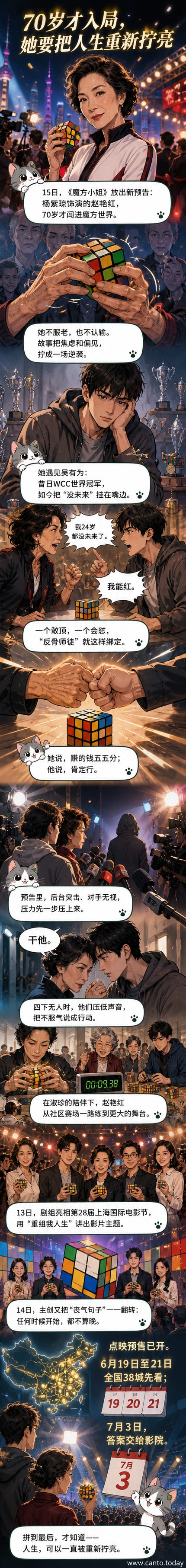 电影《魔方小姐》宣传海报,杨紫琼与刘昊然并肩站立,手持魔方,背景为明亮色彩拼接的魔方图案,传递热血与希望氛围