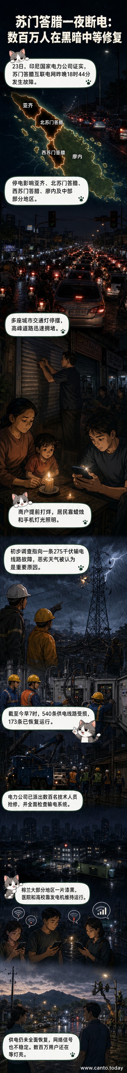 苏门答腊岛夜间地图显示多个区域停电,城市陷入黑暗,交通灯熄灭导致道路拥堵。