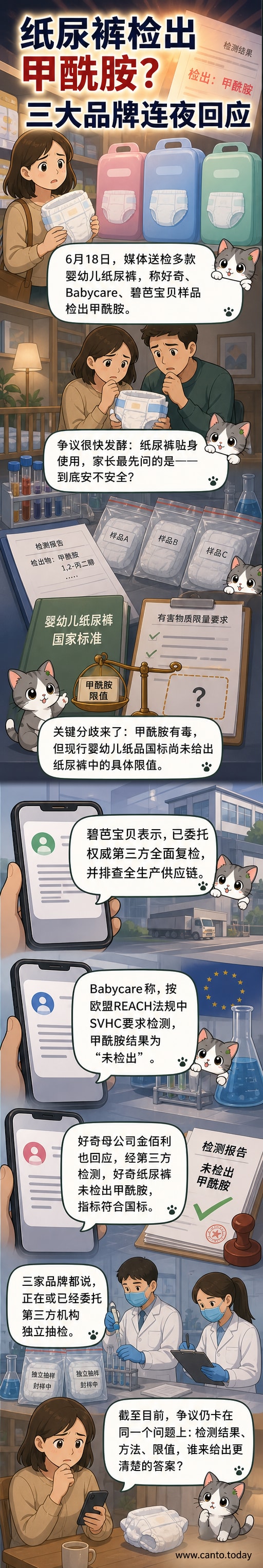 三款婴幼儿纸尿裤产品并列，背景标注‘甲酰胺检测争议’，下方显示品牌回应与检测标准对比
