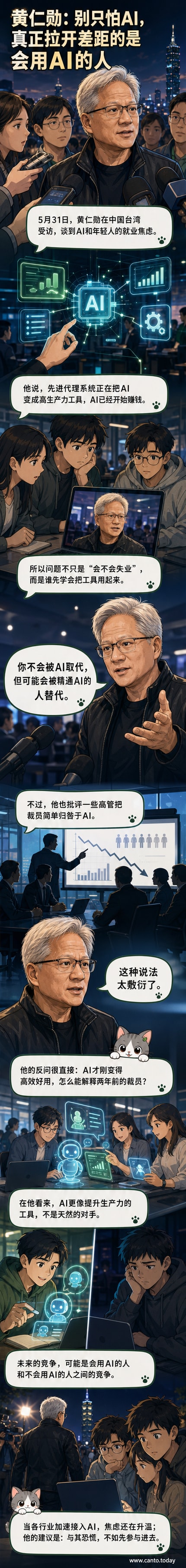 黄仁勋站在发光的AI芯片背景前,手持麦克风发表演讲,强调人类与AI协作的重要性。