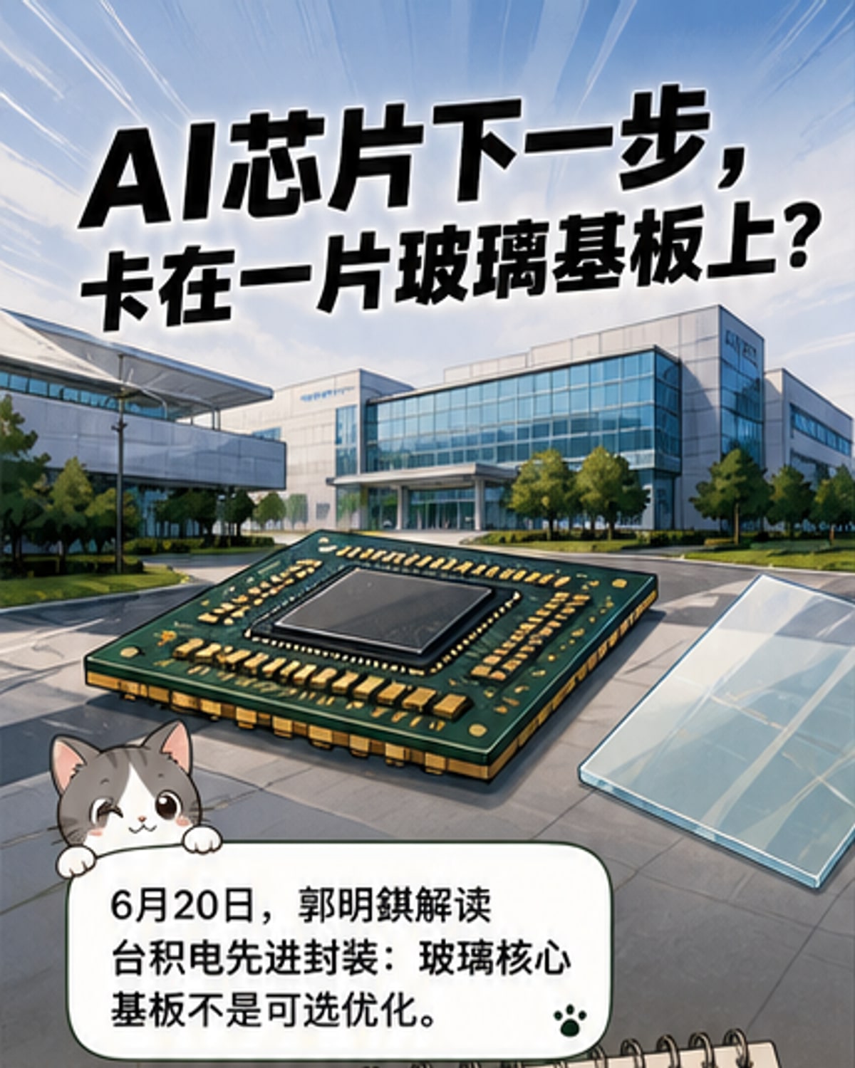 一块透明玻璃基板上布满微型电路，象征AI芯片封装技术的突破