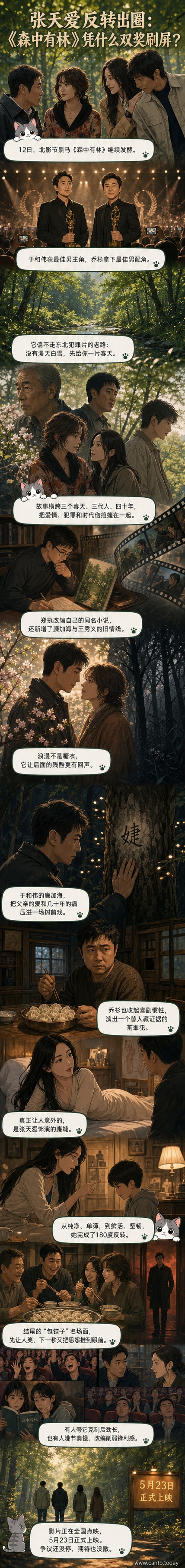 电影《森中有林》海报风格画面:绿色森林中隐约浮现张天爱侧脸,眼中映出微光,背景有于和伟在树前凝视的剪影