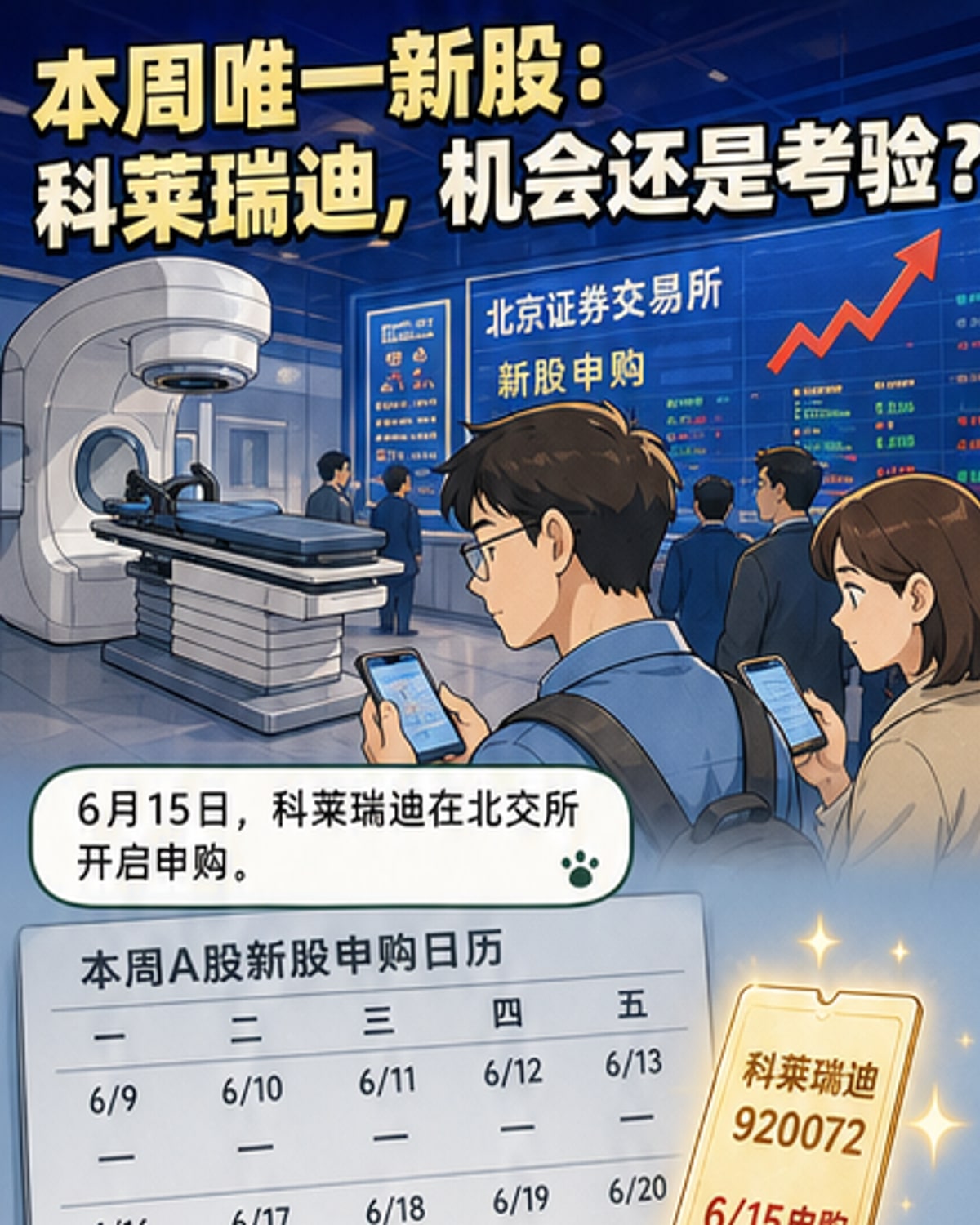 科莱瑞迪新股申购信息图,展示公司作为放疗定位器械龙头的市场地位、发行价格、市盈率对比及财务趋势。