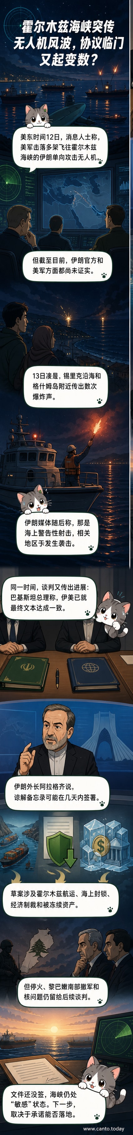 霍尔木兹海峡地图示意图,标注美军击落无人机位置与伊朗海岸线,背景为紧张对峙的海上军事画面。