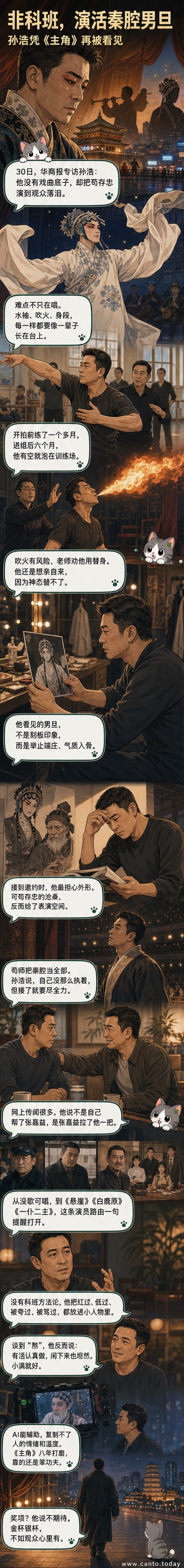 演员孙浩身穿秦腔戏服,站在昏黄灯光下的舞台上,神情专注,手中握着燃烧的火把,背景是斑驳的剧院墙壁。