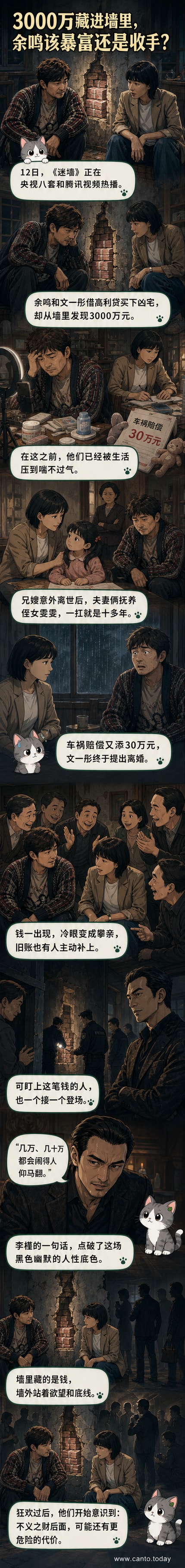 郭京飞饰演的余鸣站在斑驳老墙前，神情复杂，墙缝中隐约露出成捆现金，背景是昏黄灯光下的老式居民楼客厅