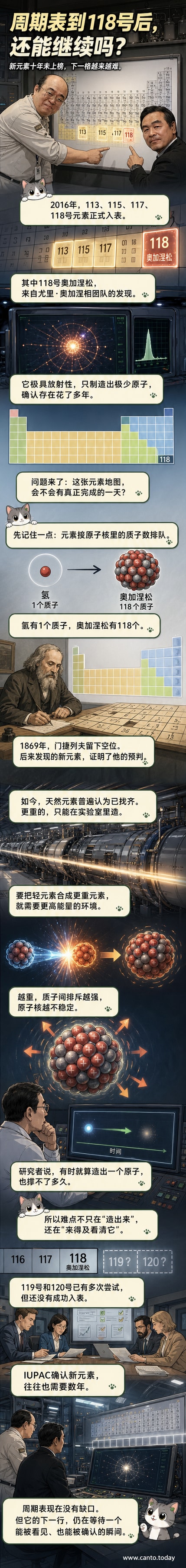 一张展示完整化学元素周期表的图像，重点标注最后几行人工合成的超重元素，背景为实验室中的粒子加速器示意图。